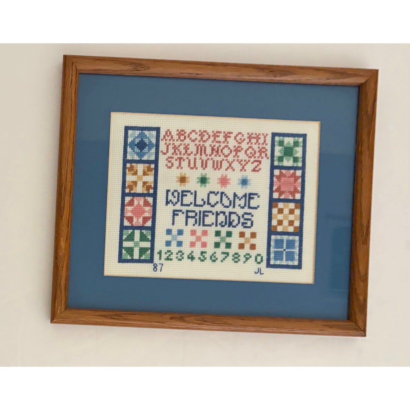 VINTAGE Framed Crossstitch Sampler Quilt Blocks Alphabet Numbers 80's 1987