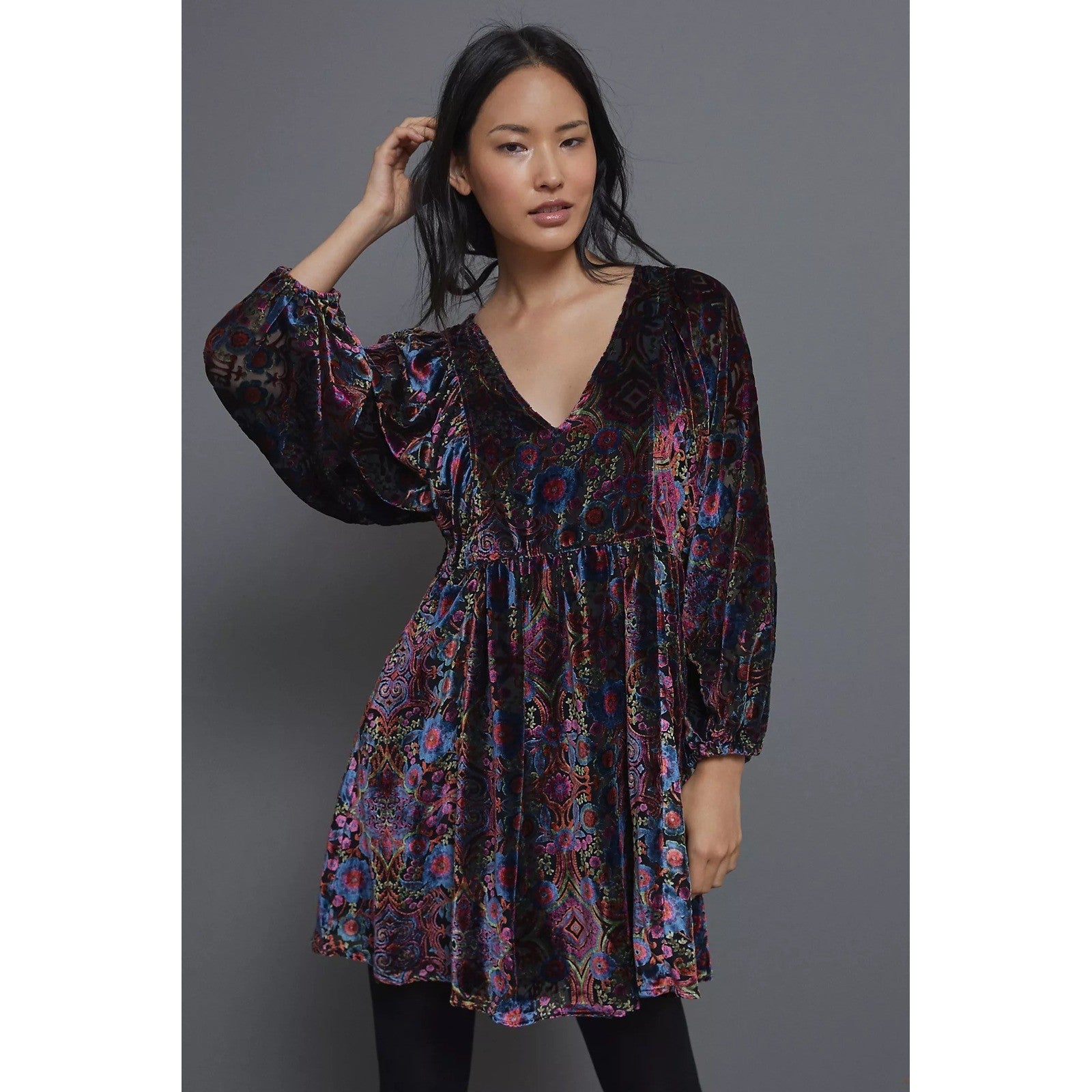 By ANTHROPOLOGIE Mona Floral Burnout Velvet Mini Dress Pockets Party Large