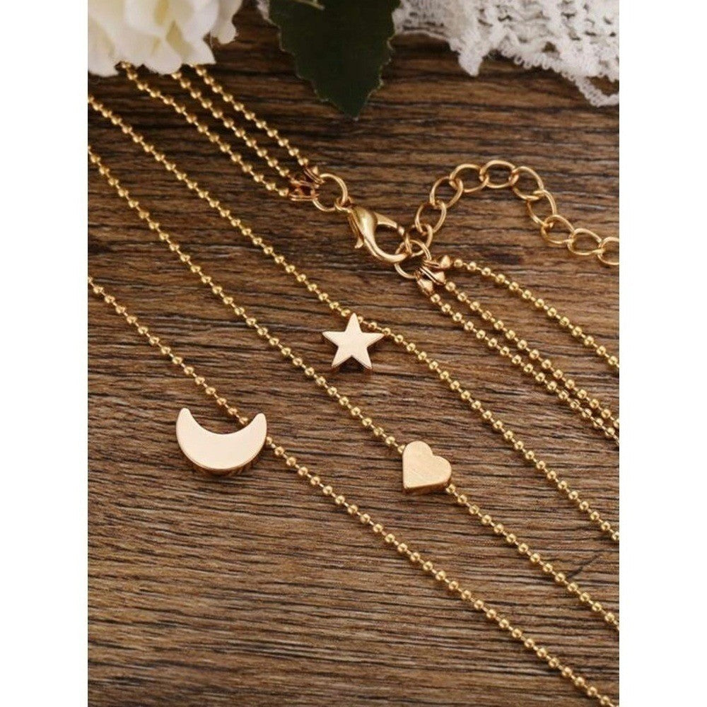 Gold Multilayer Pendant Necklace Moon Star Heart Celestial Goddess Boho Bohemian