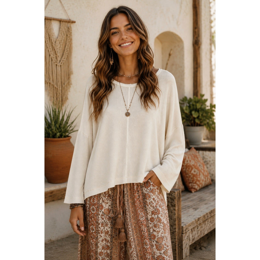 By ANTHROPOLOGIE Waffle Knit Oversized Top Shirt Pullover Pale Ivory Medium
