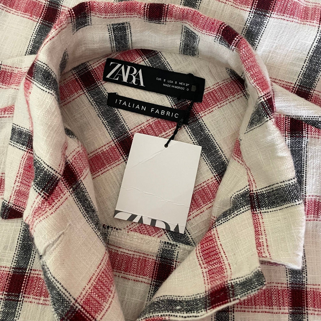 NWT!! ZARA Plaid Oversized Buttondown Shirt Red White Black Pockets Retro Small