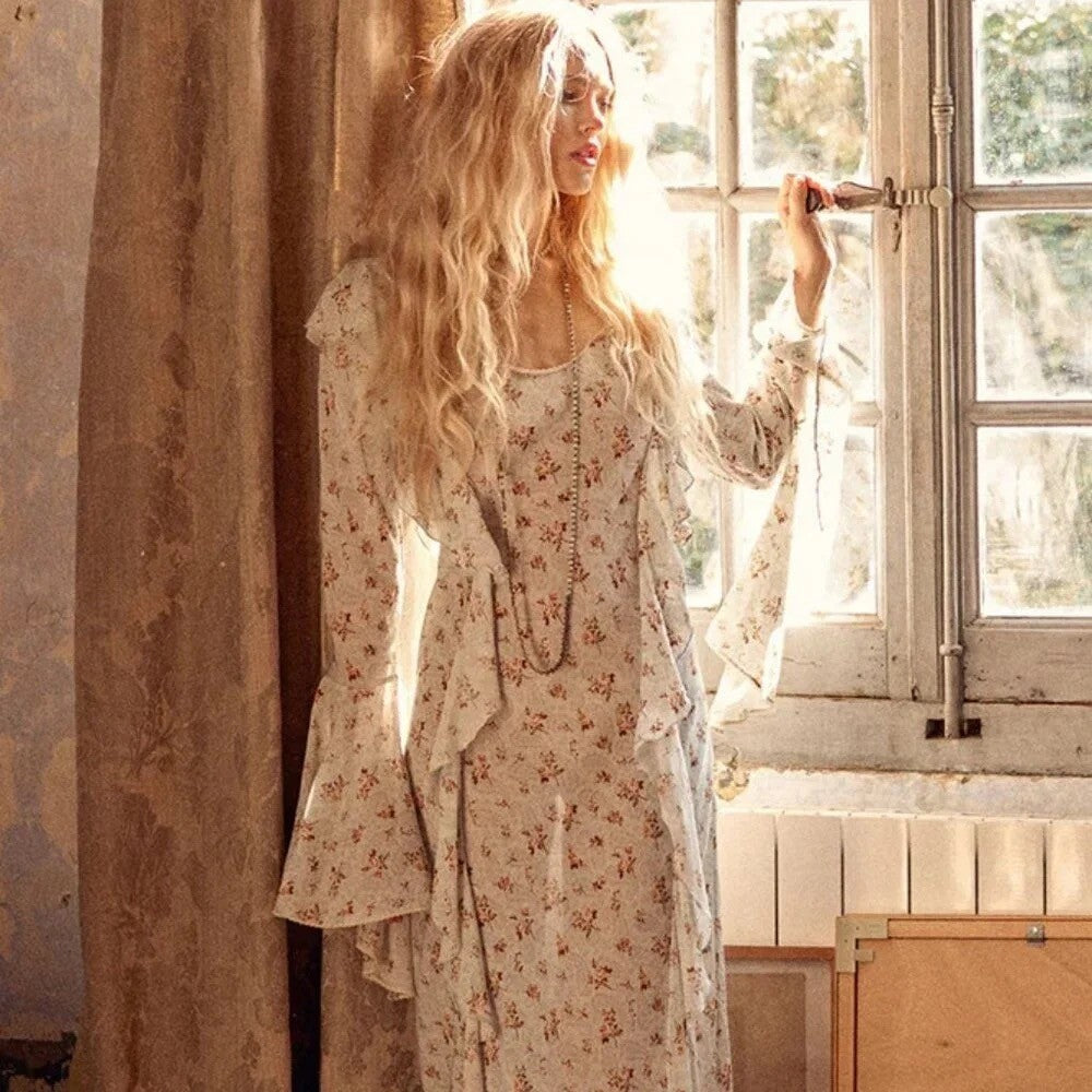 SPELL & THE GYPSY Fleur Frill Bias Maxi Dress Teapot Blue Floral Bohemian Large