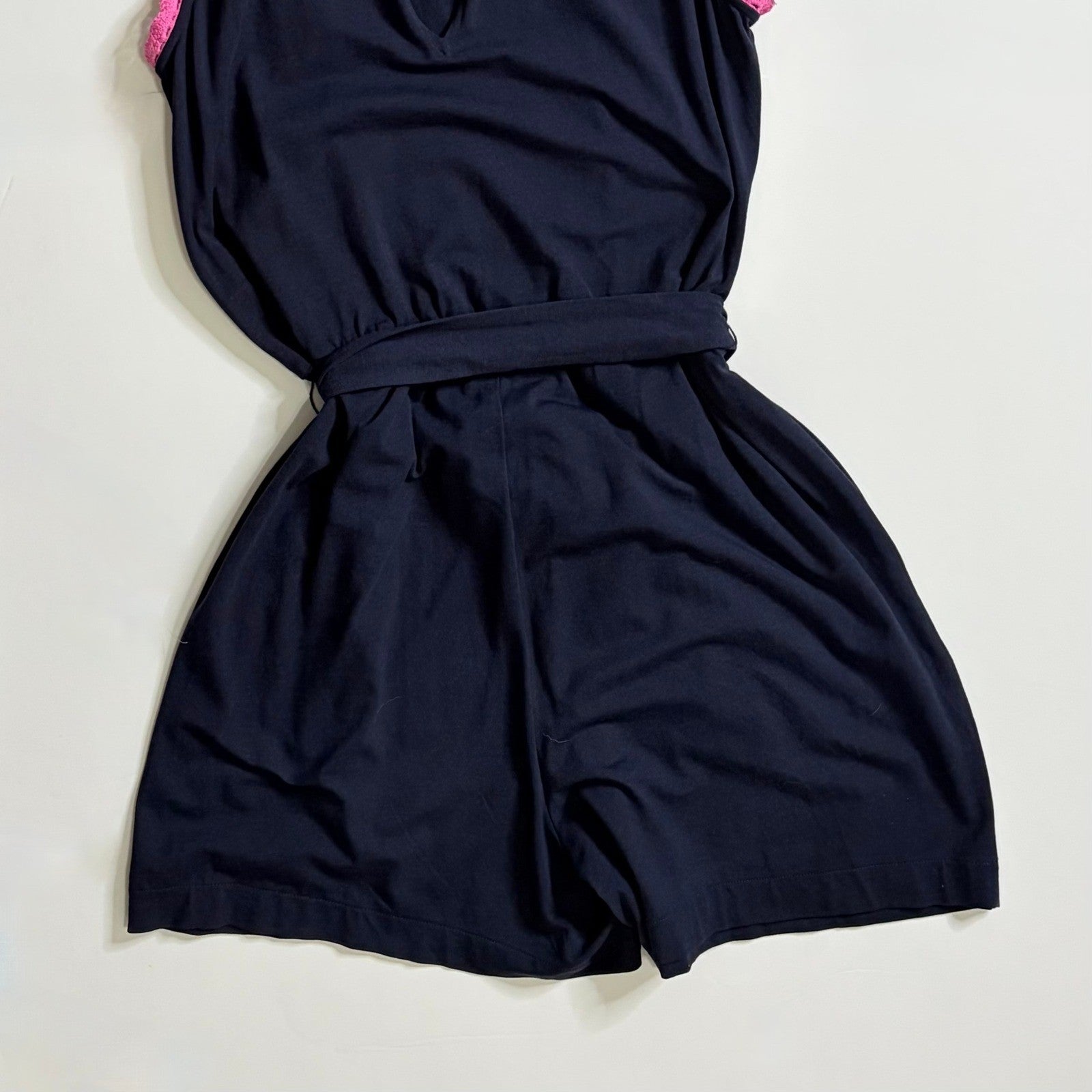 BODEN Caitlin Jersey Knit Romper Playsuit Crochet Trims Navy Blue Pink 8 Tall