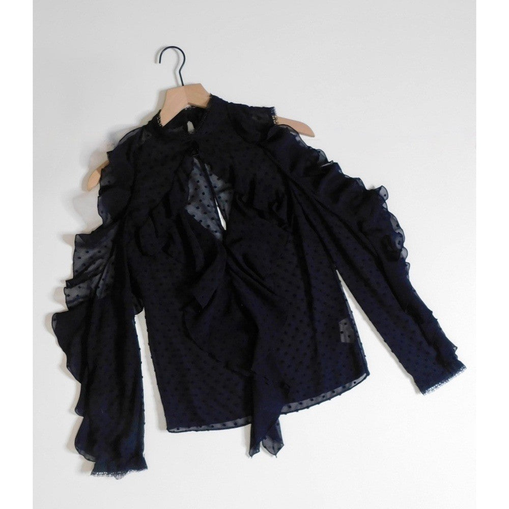 NICHOLAS Navy Blue Swiss Dot Cutout Cold Shoulder Top Blouse Ruffle Size 0