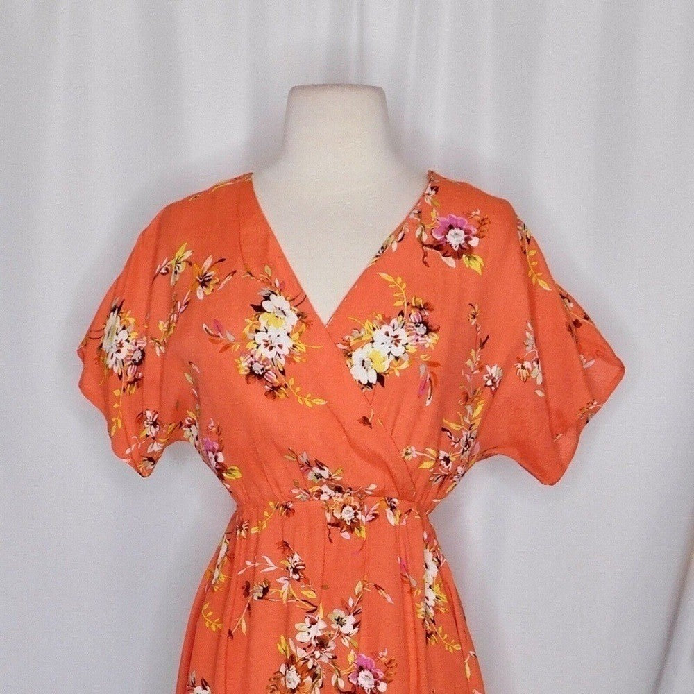 OBEY Pinot Floral Mini Dress Dolman Surplice Coral Pink Orange Boho X-Small