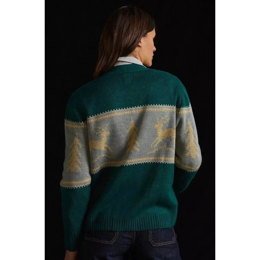 Anthropologie TINY Reindeer Cardigan Sweater Wool Blend Pockets Green X-Small