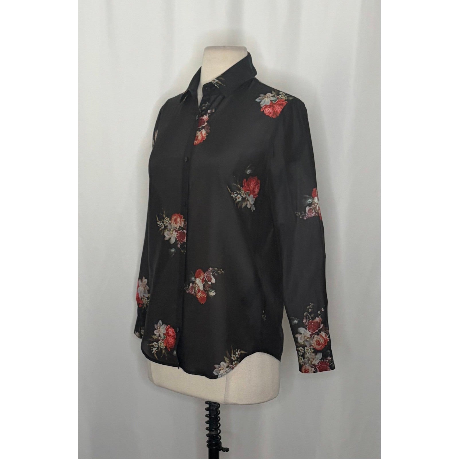 THE KOOPLES Silk Blend Black Floral Buttondown Top Blouse Button Down 0 / XS