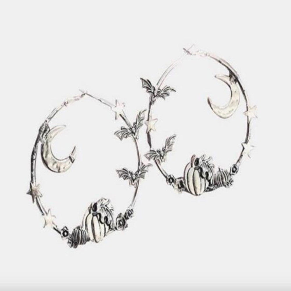 Silver Hoop Earrings Moon Stars Bats Pumpkins Goth Halloween Witch Whimsygoth