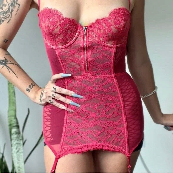 VICTORIA'S SECRET Barbie Hot Pink Lace Corset Bustier Garter Lingerie 34C