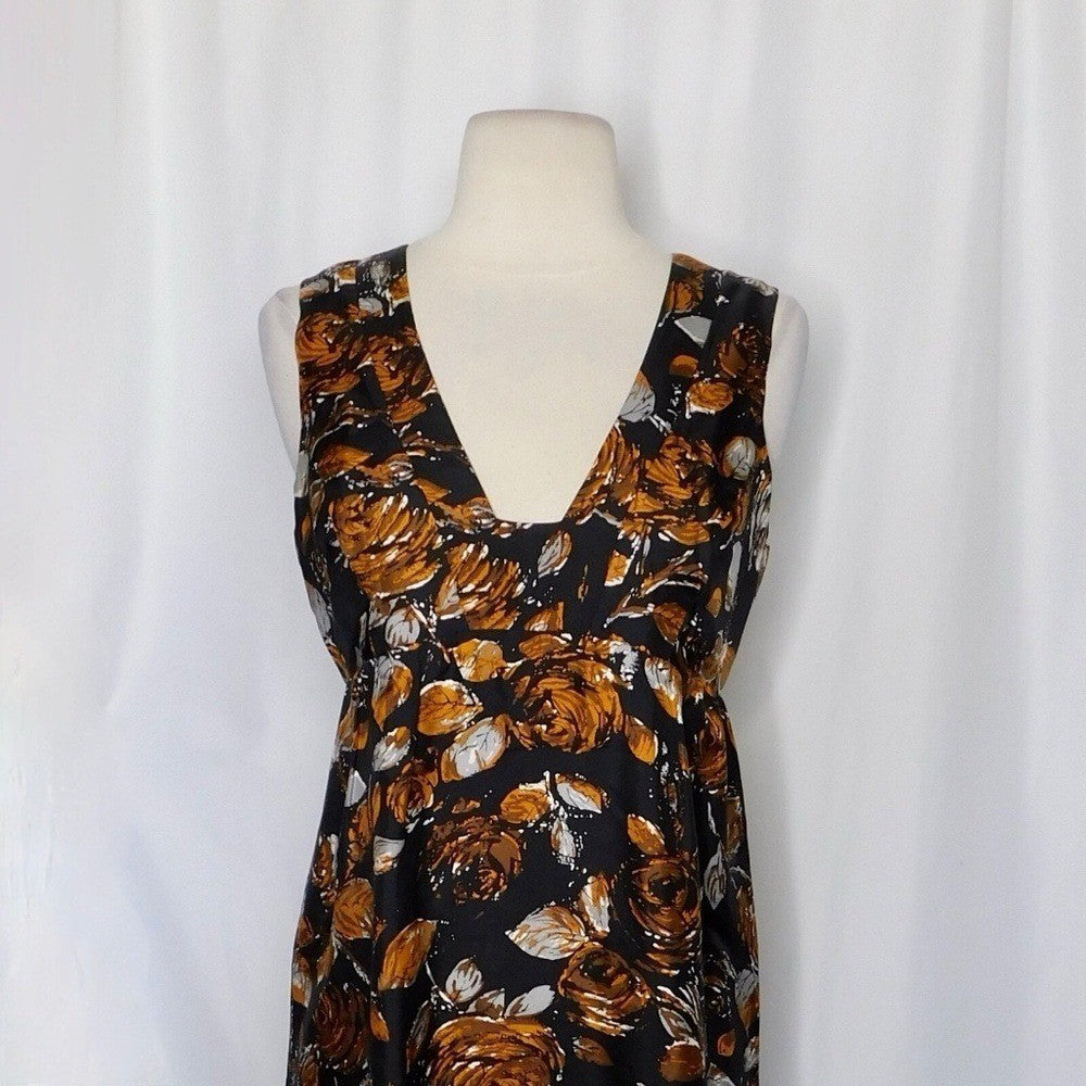 TIBI Floral Silk Dress Roses Retro Black Orange Empire Bodice Party Holidays 2