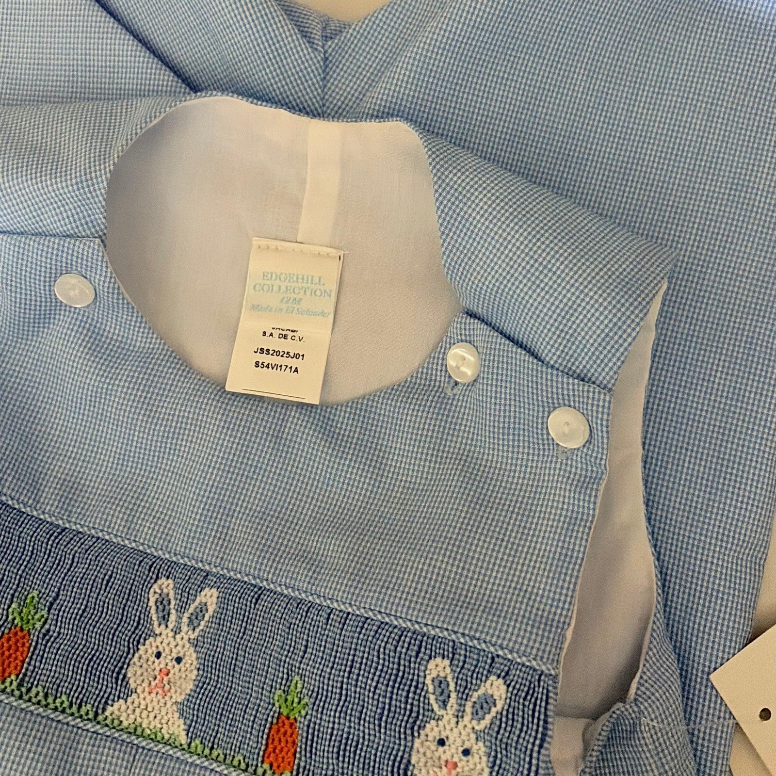 NWT!! EDGEHILL COLLECTION Smocked Bunny Gingham Plaid Romper Blue 12 Months