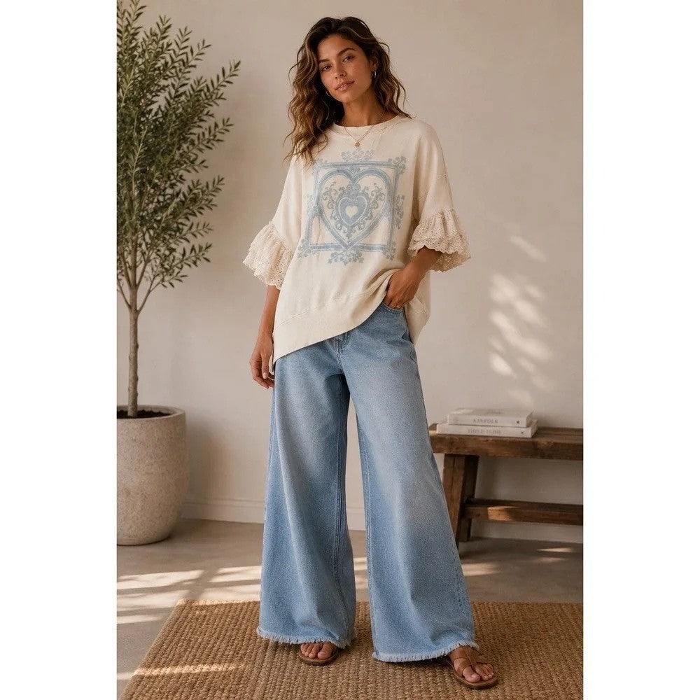 NWT!! FREE PEOPLE Doily Sweatshirt Heart Ivory Blue Eyelet Lace Bohemian Small