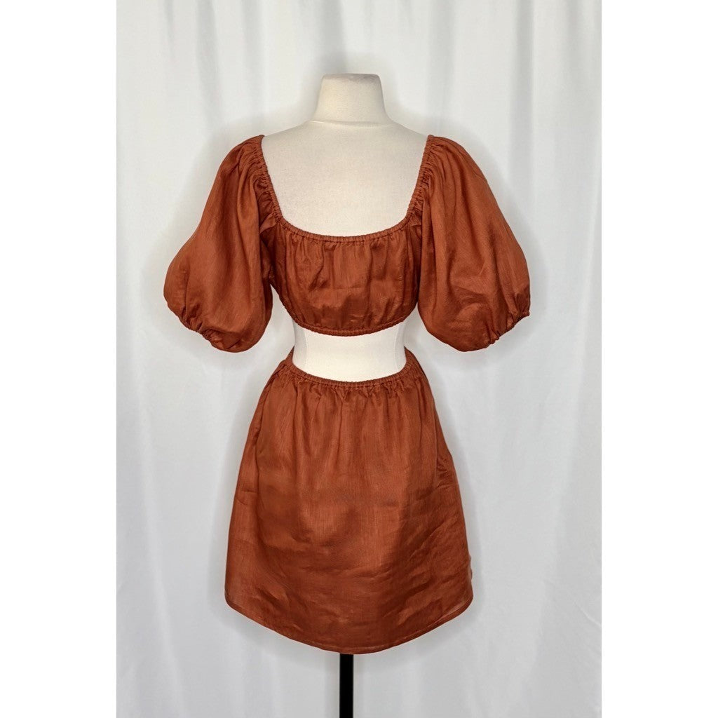 Revolve FAITHFULL THE BRAND Almero Linen Dress Brown Plain Spice Party X-Small