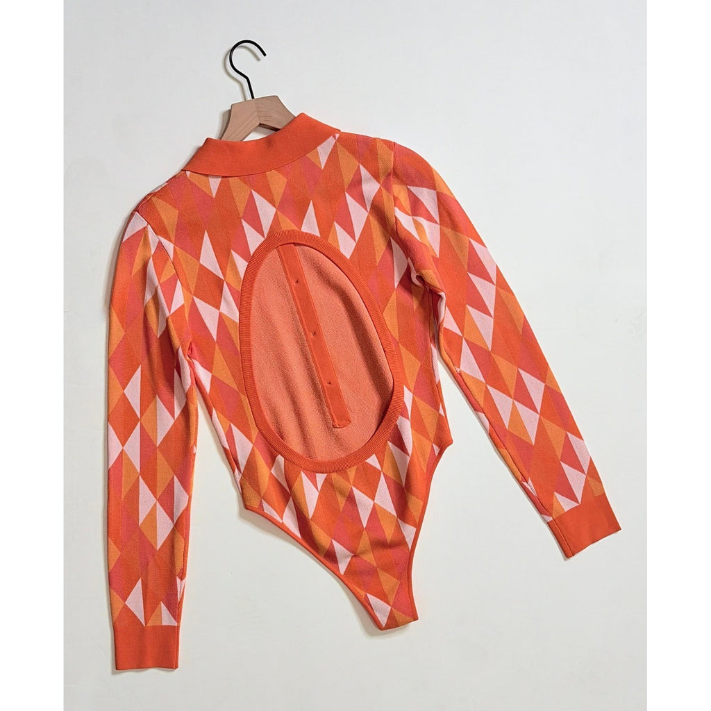 DODO BAR OR Orange Geometric Bodysuit Cutout Back Knit Colorful Cheeky 42 / US 4