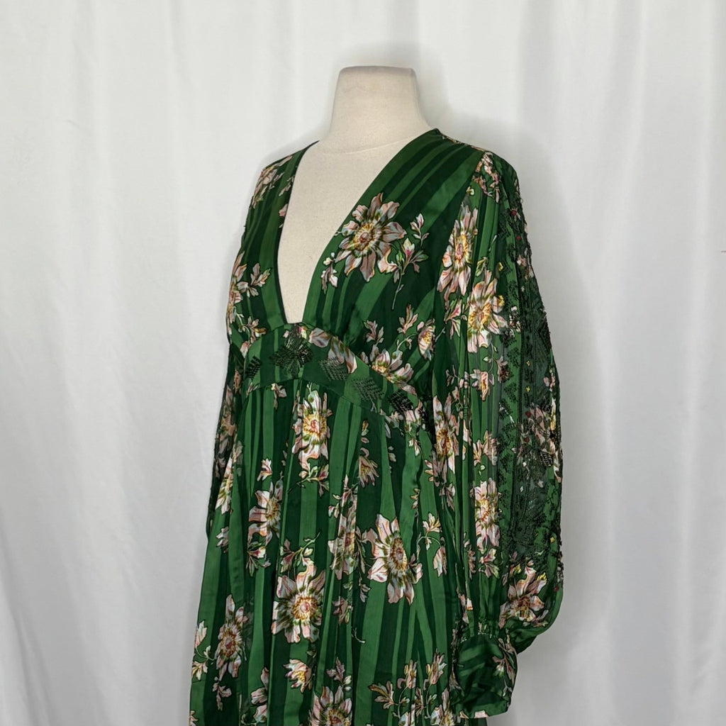 New Romantics FREE PEOPLE Midnight Blooms Dress Green Floral Embroidered Small