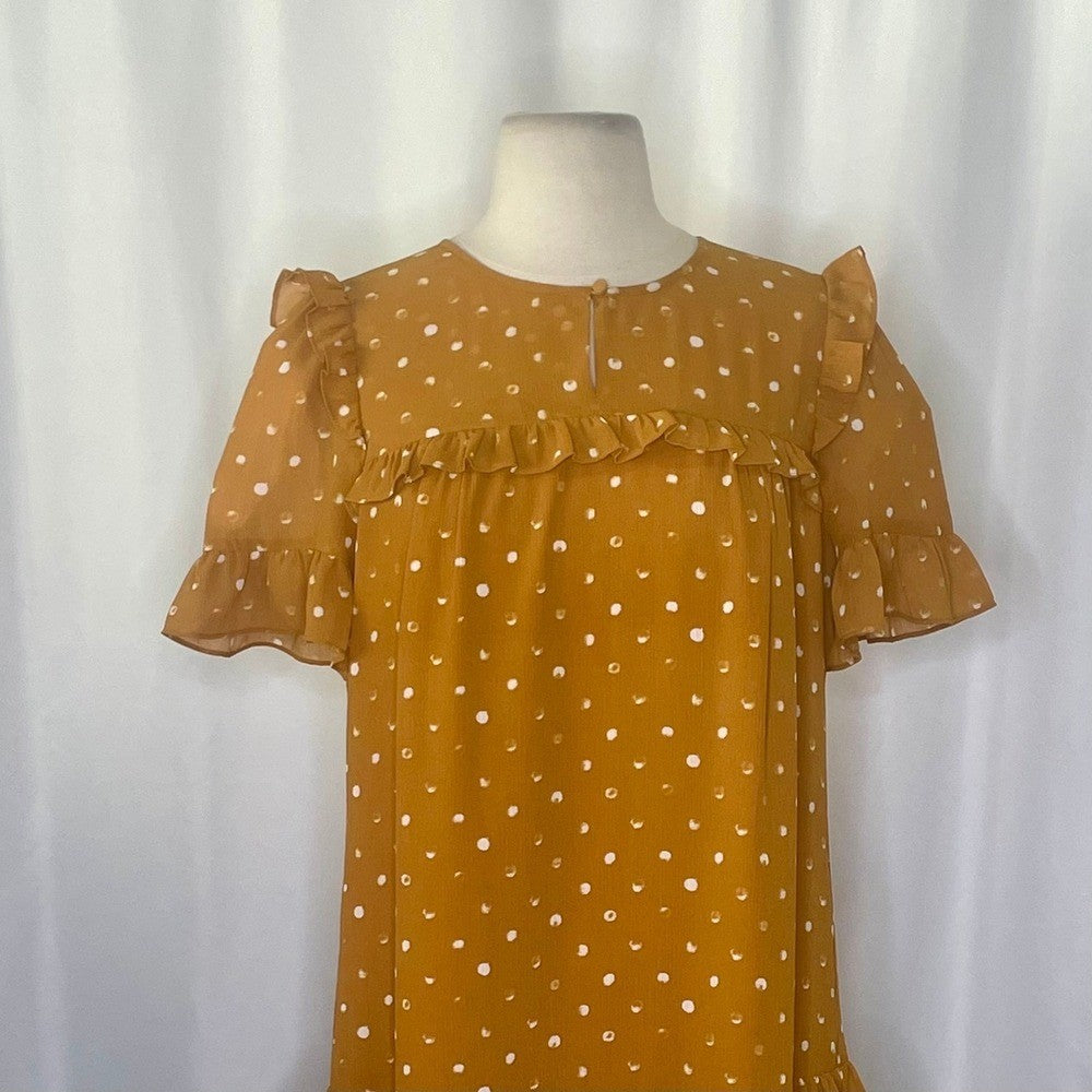 J. CREW Point Sur Ruffled Crinkle Polka Dot Dress Warm Caramel Party Size 2
