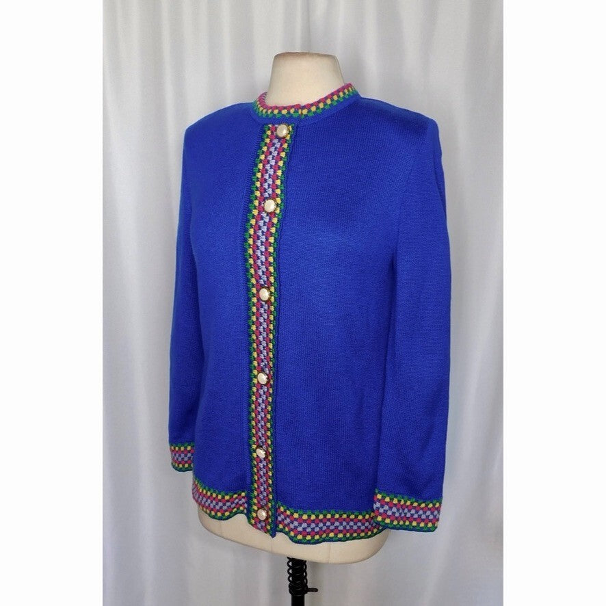 Vintage CASTLEBERRY Colorful Knit Cardigan Blazer Checkerboard Union Made Size 8