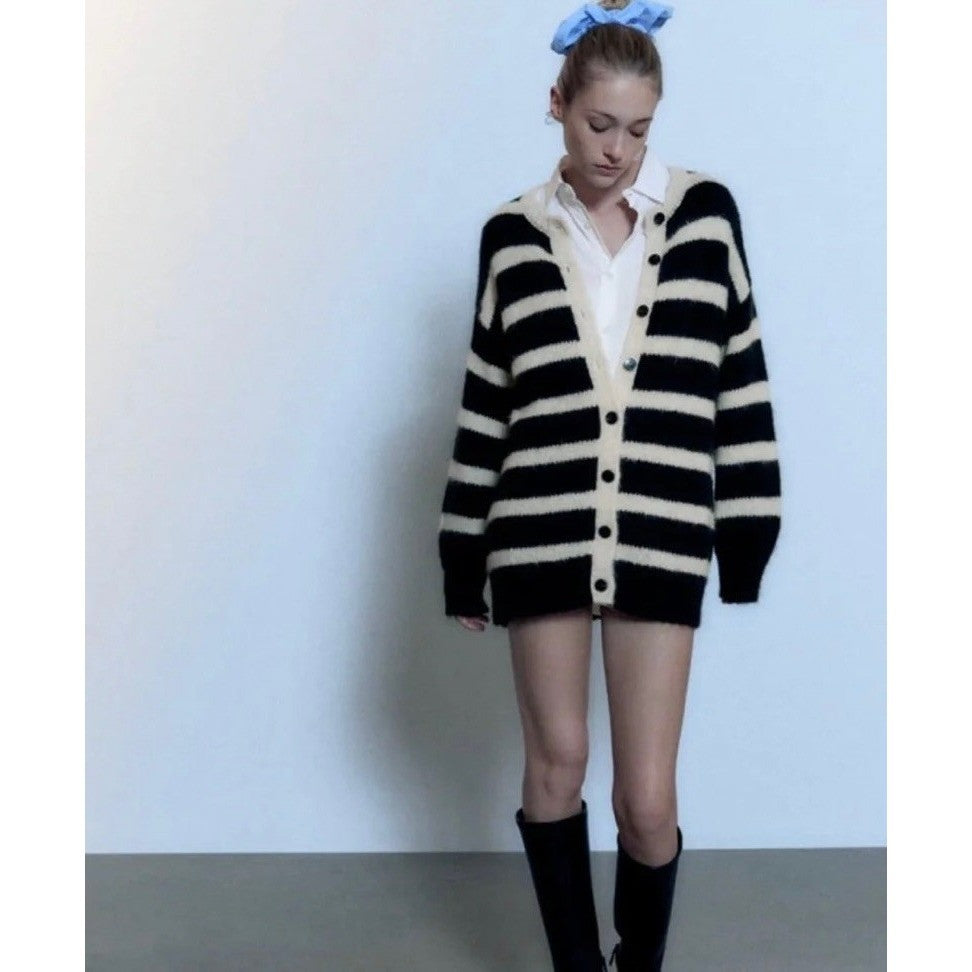 ZARA Long Striped Cardigan Sweater Black Ivory Striped Wool Alpaca Knit Small