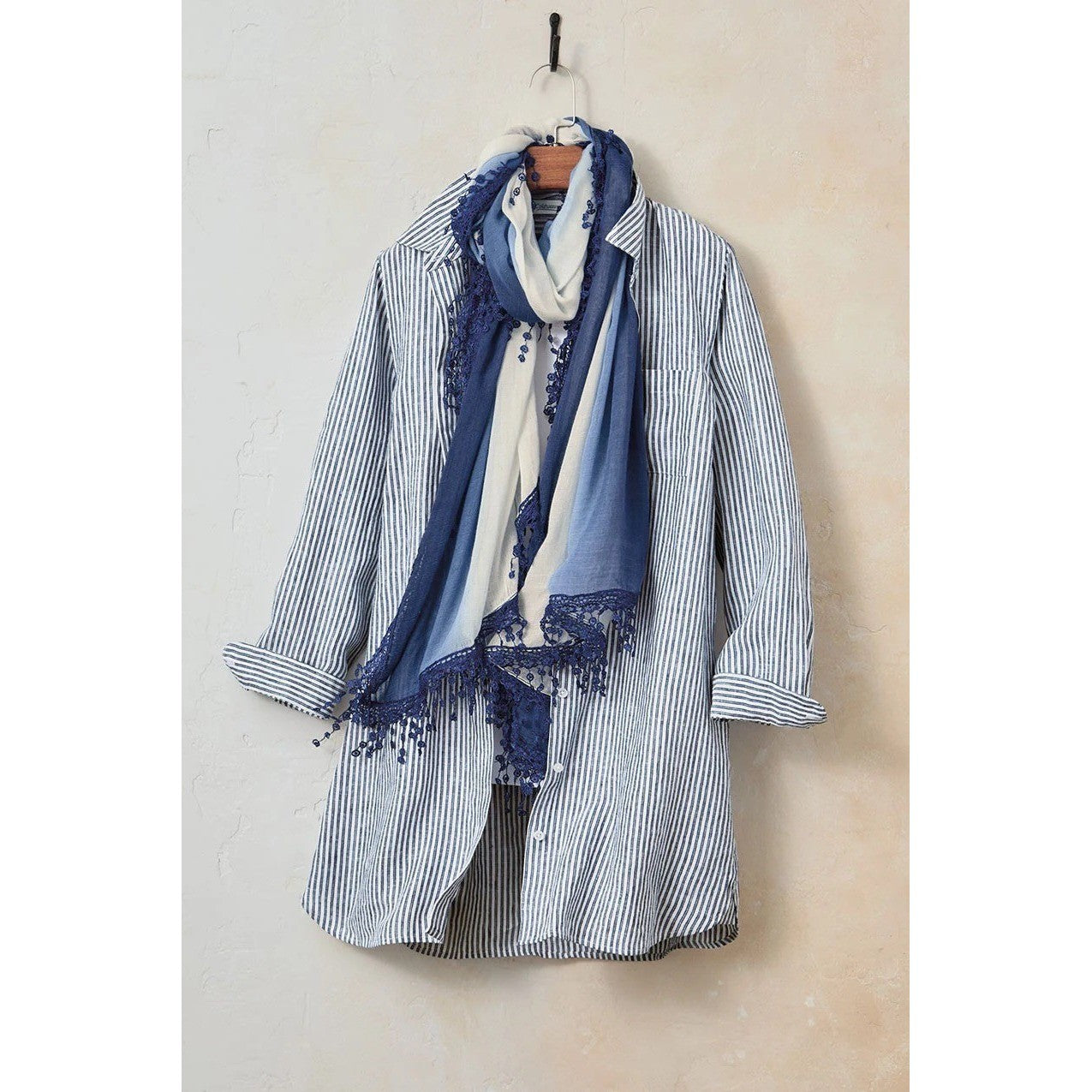 NWT!! COLDWATER CREEK Cross Dyed Striped Linen Tunic Topper Blue White Medium
