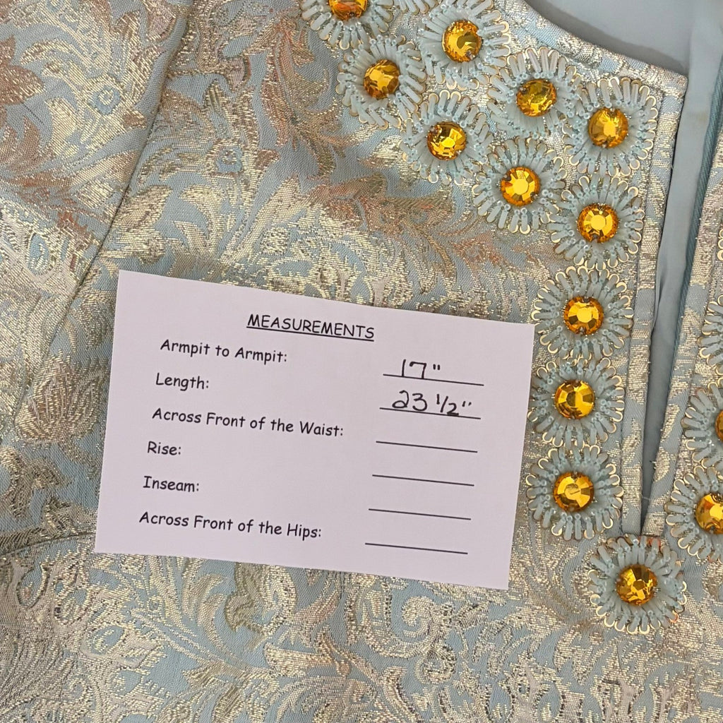 TORY BURCH Lola Top Blouse Aqua Glass Embellished Silk Brocade Floral Size 4