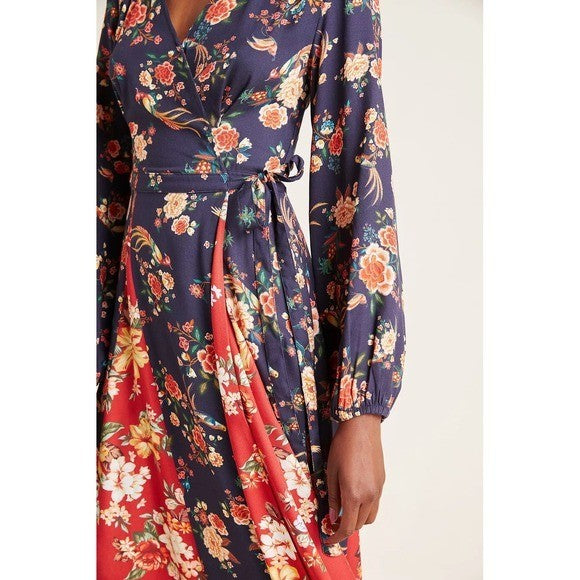 Anthropologie FARM RIO Gracia Wrap Maxi Dress Floral Birds Bohemian X-Small