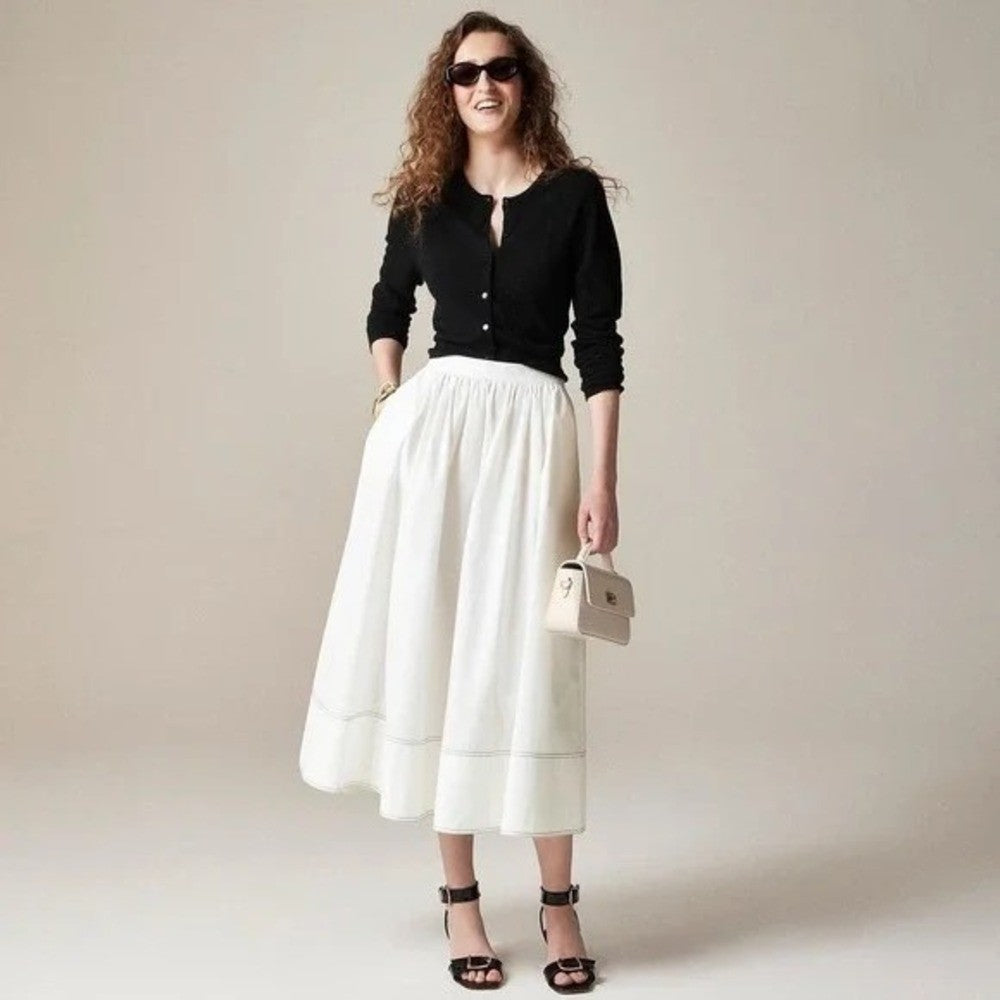 NWT!! J. CREW Contrast-Stitch Midi Skirt Cotton Poplin Solid White Navy Blue 14