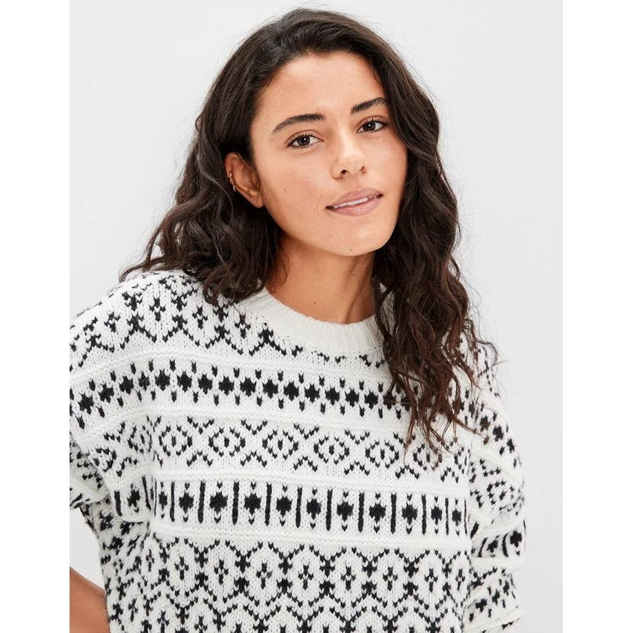 AMERICAN EAGLE Outfitters Fairisle Crew Neck Sweater Black White Fair Isle Small