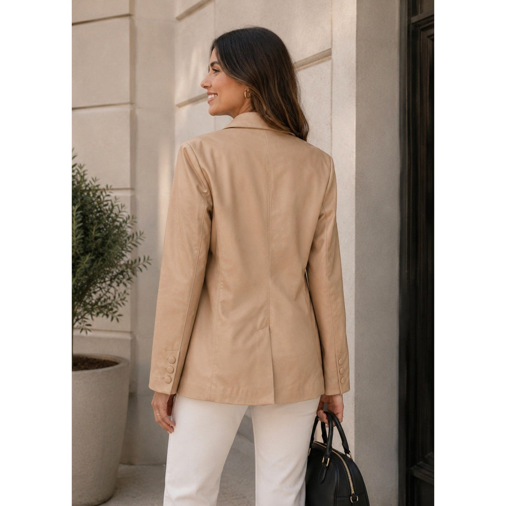 AVEC LES FILLES Tan Vegan Faux Leather Jacket Blazer Single Button Solid X-Large