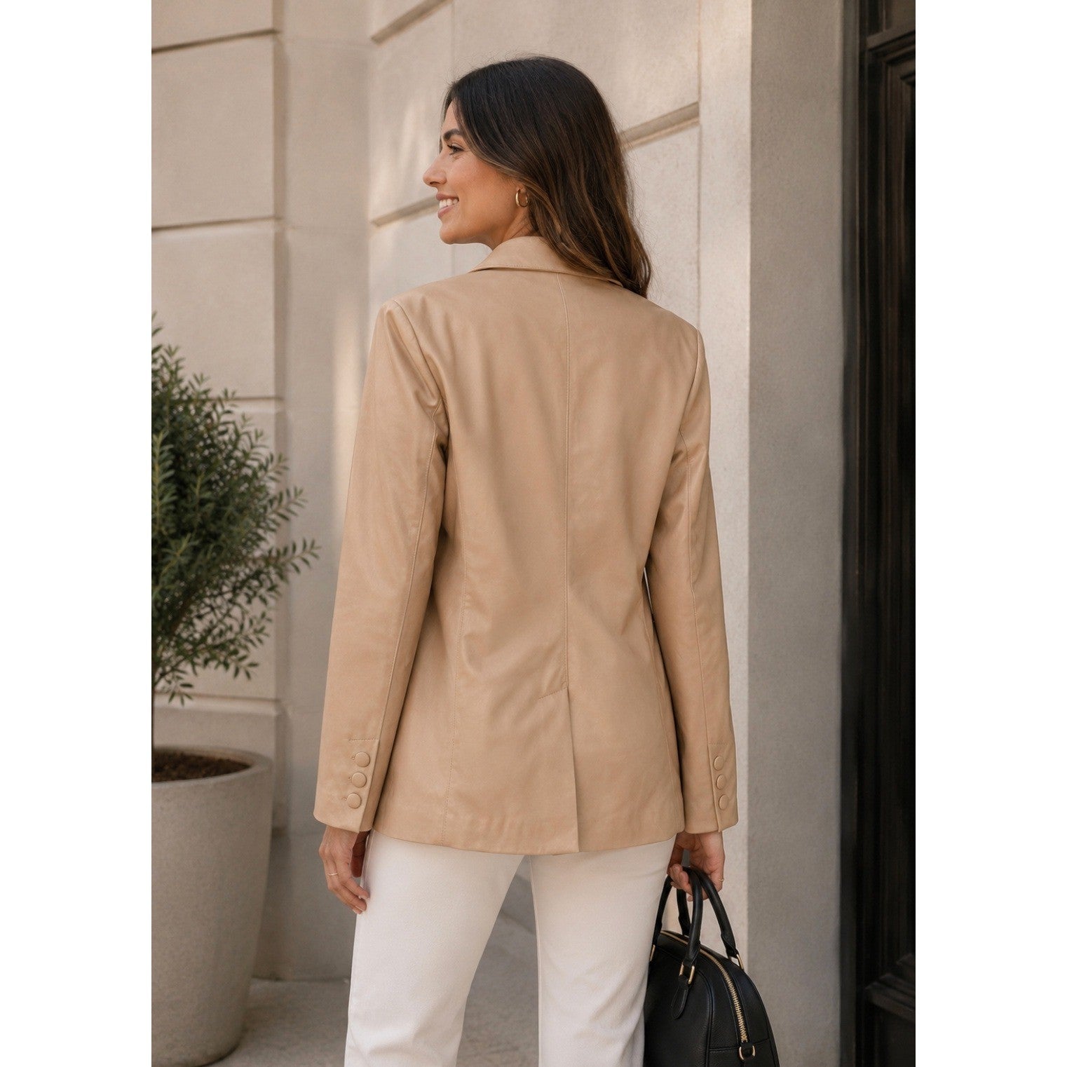 AVEC LES FILLES Tan Vegan Faux Leather Jacket Blazer Single Button Solid X-Large