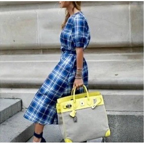 ZARA Blue Plaid Taffeta Dress Belted Tie Waist Midi Buttondown Preppy Small