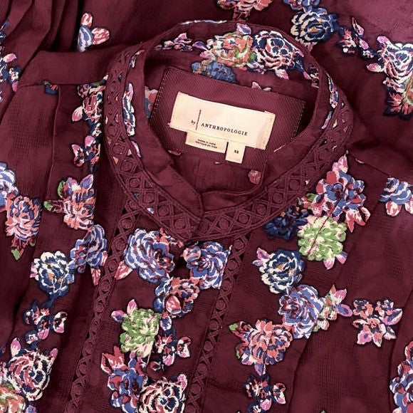 BY ANTHROPOLOGIE Mini Tunic Long Sleeve Dress Floral Lace Trims Purple X-Small