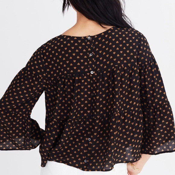 MADEWELL Silk Black Gold Heart Flip Button Back Tiered Top Blouse X-Small