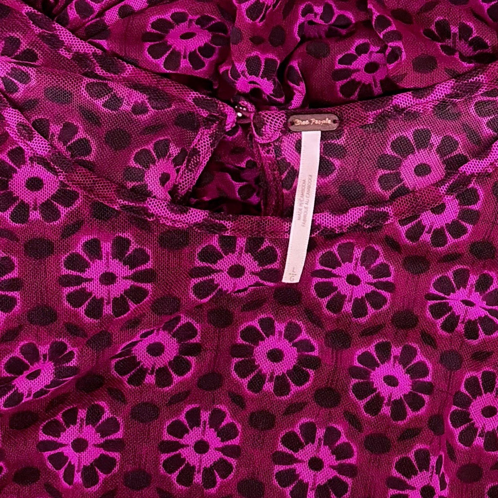 FREE PEOPLE Briella Dress Floral Ruched Midi Fuchsia Combo Ruching Party Large