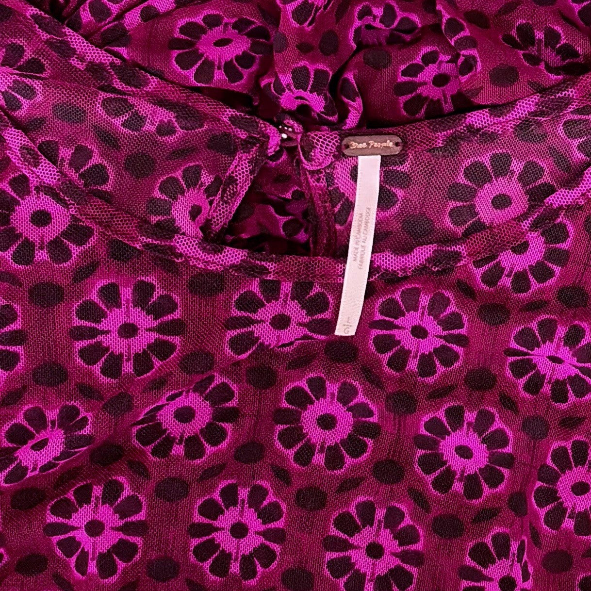 FREE PEOPLE Briella Dress Floral Ruched Midi Fuchsia Combo Ruching Party Large