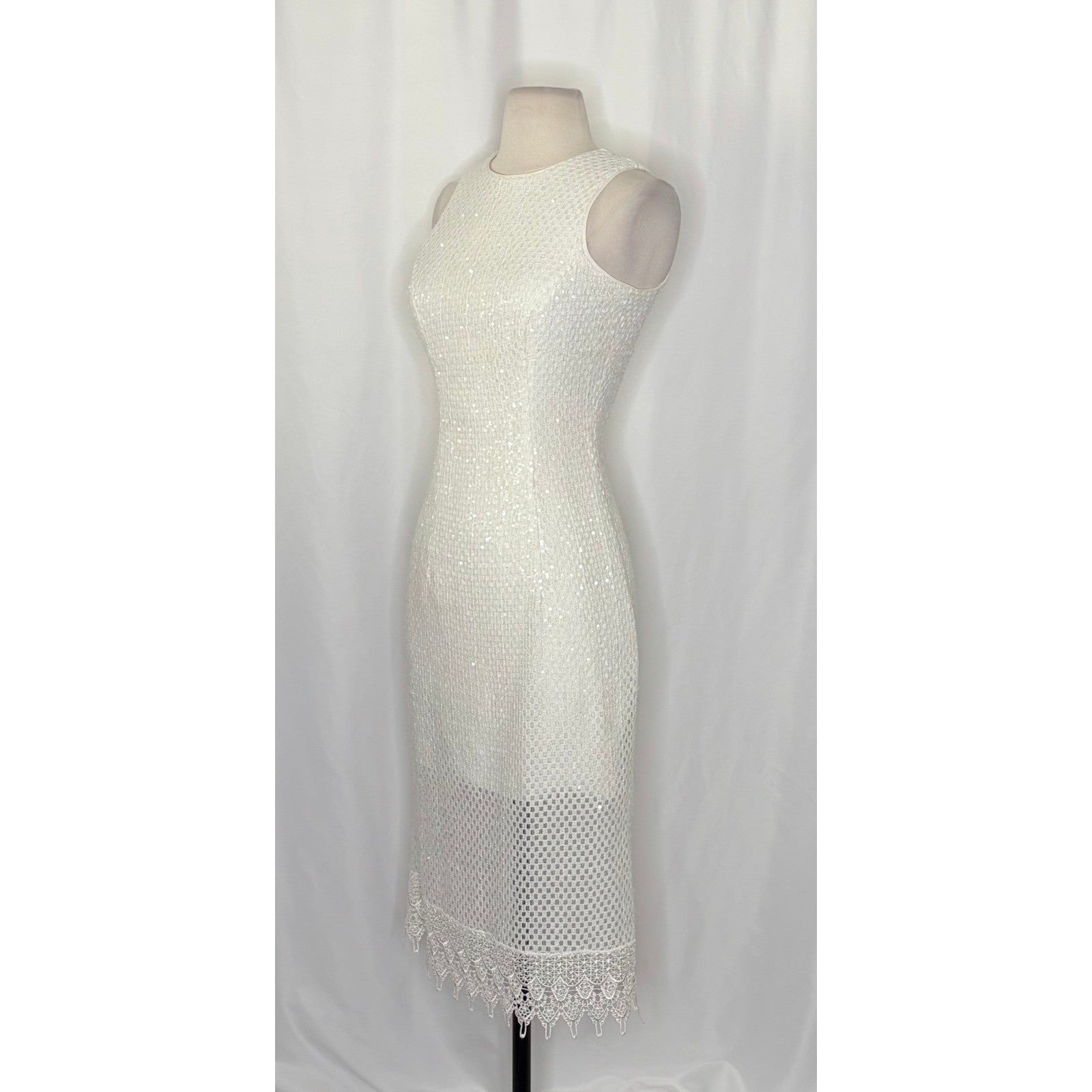 DRESS THE POPULATION Alina Sequin Crochet Lace Midi Dress Bridal White Small