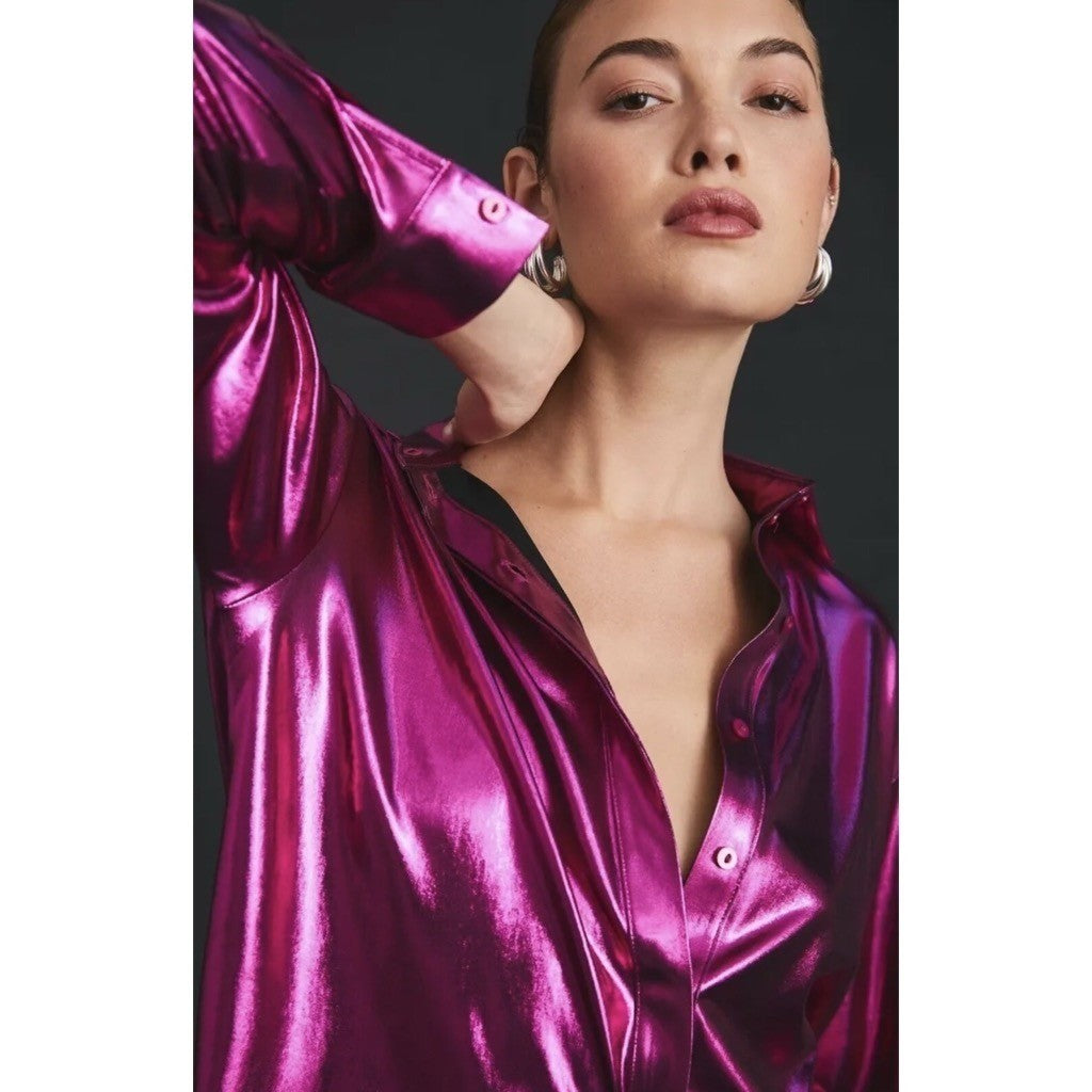 By ANTHROPOLOGIE Magenta Pink Shimmer Shine Lamé Buttondown Top Blouse X-Small
