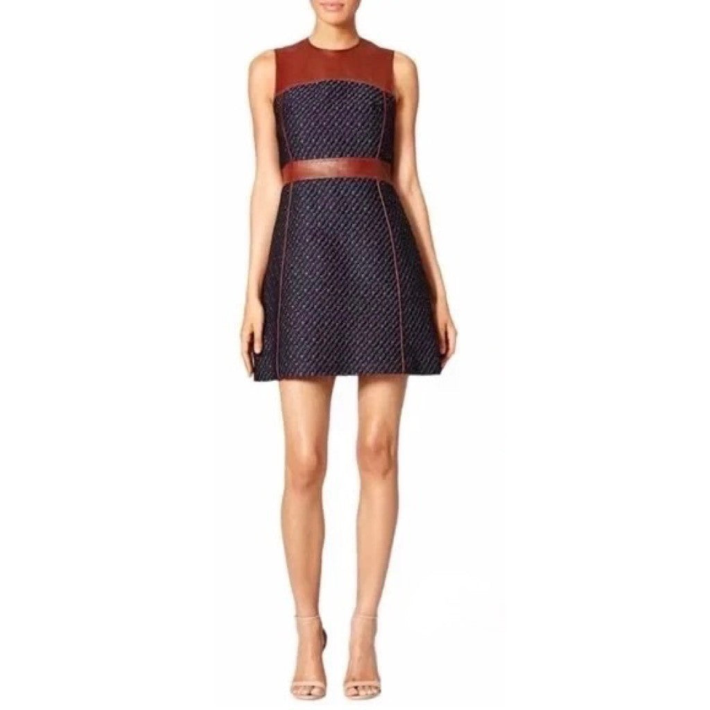 THEORY Calvino Mixed Media Tweed Lamb Leather Dress Brown Blue Fit and Flare 6