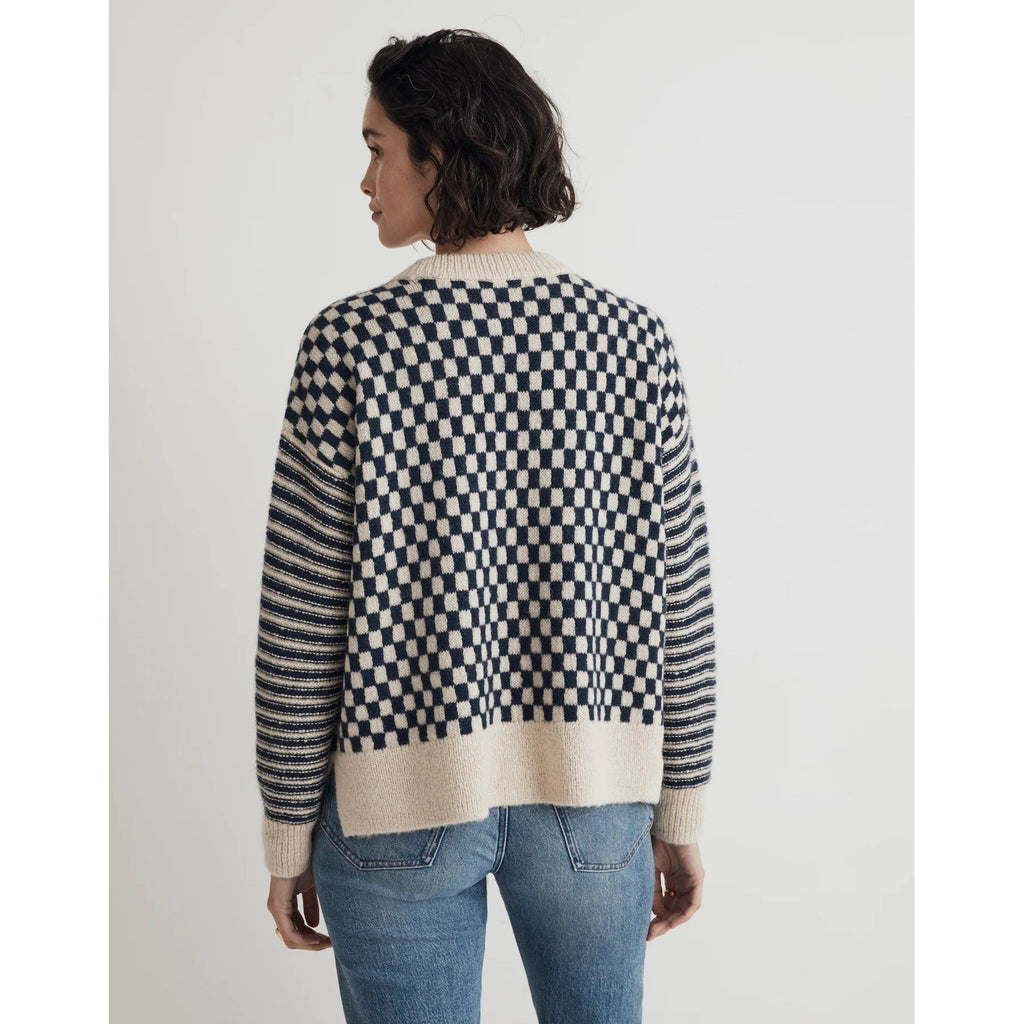 MADEWELL Crewneck Sweater Checked Stripe Classic Indigo Blue Ivory Knit Medium