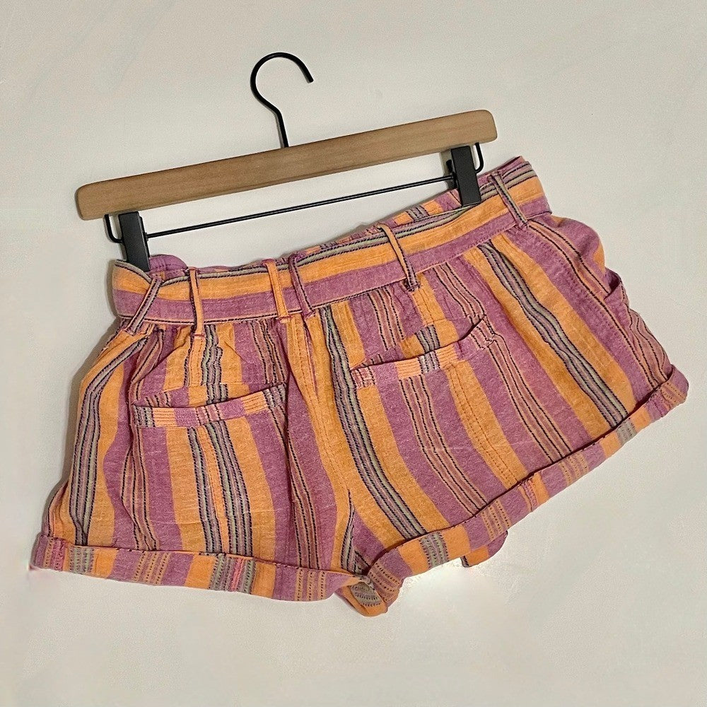 FREE PEOPLE Barbados Bloom Belted Cuffed Shorts Tropical Stripes Vacation 6