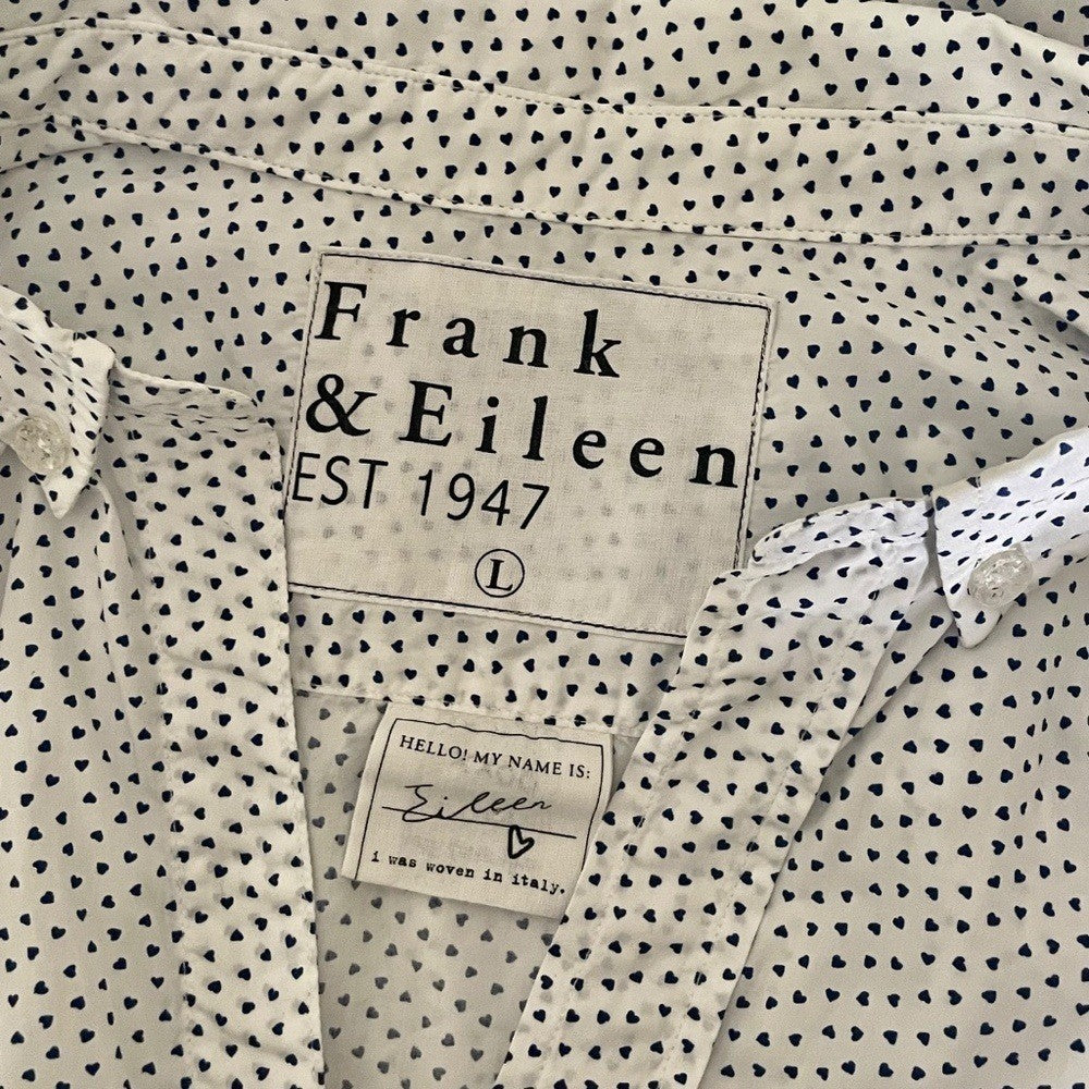 FRANK & EILEEN White Blue Heart Print Buttondown Shirt Top Academia Preppy Large