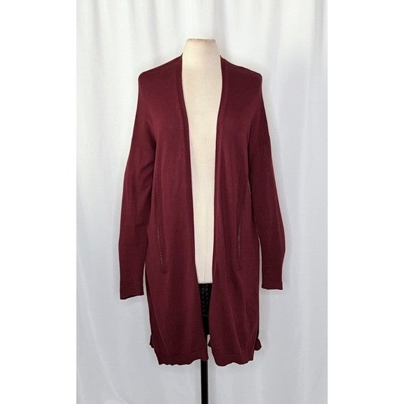 By ANTHROPOLOGIE Pointelle Long Cardigan Sweater Purple Burgundy Cottage Medium