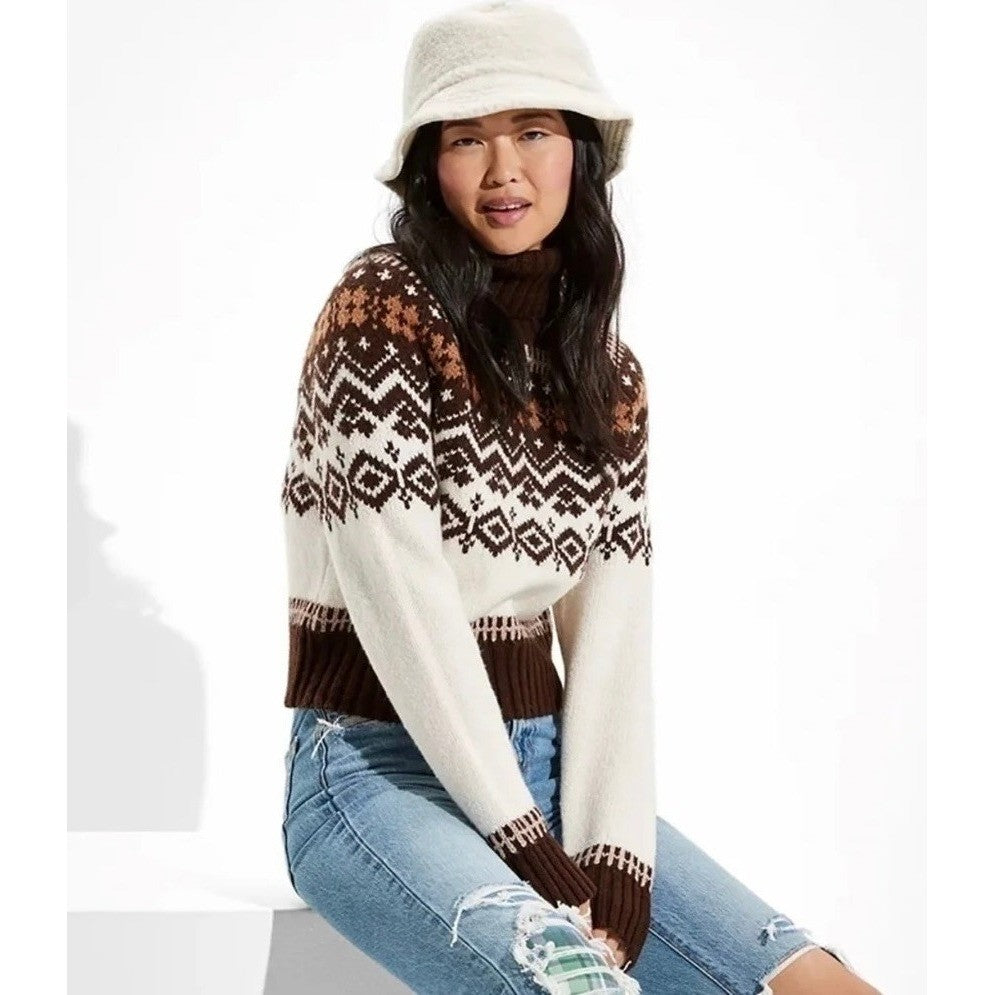AMERICAN EAGLE Fairisle Snowdrift Turtleneck Sweater Cropped Fair Isle Small