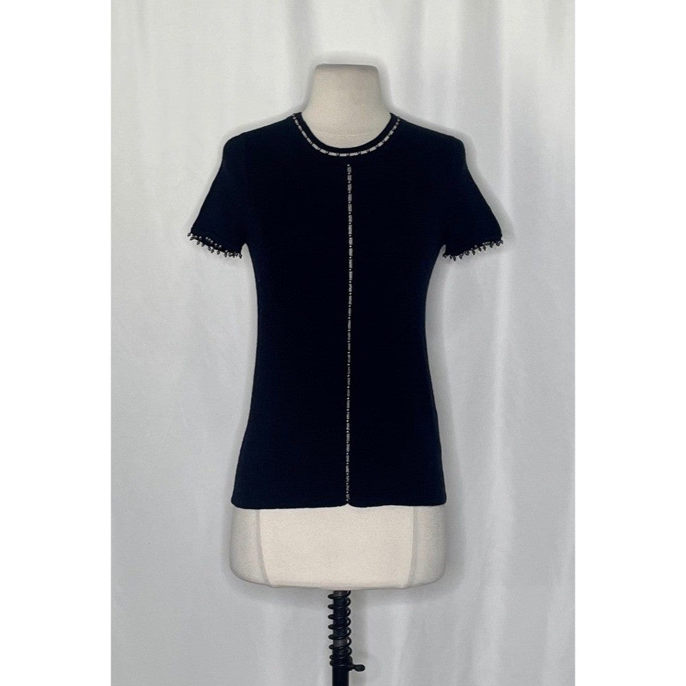 ELIE TAHARI Black Merino Wool Beaded Studded Short Sleeve Sweater Knitwear Small