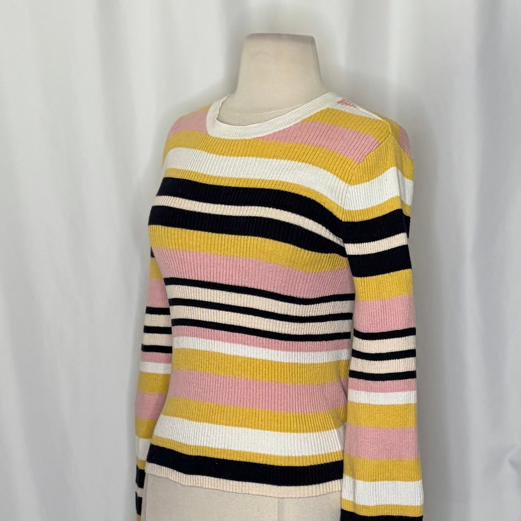 FRAME Denim Baja Citrine Stripe Sweater Cashmere Ribbed Knit Flare Sleeves Small