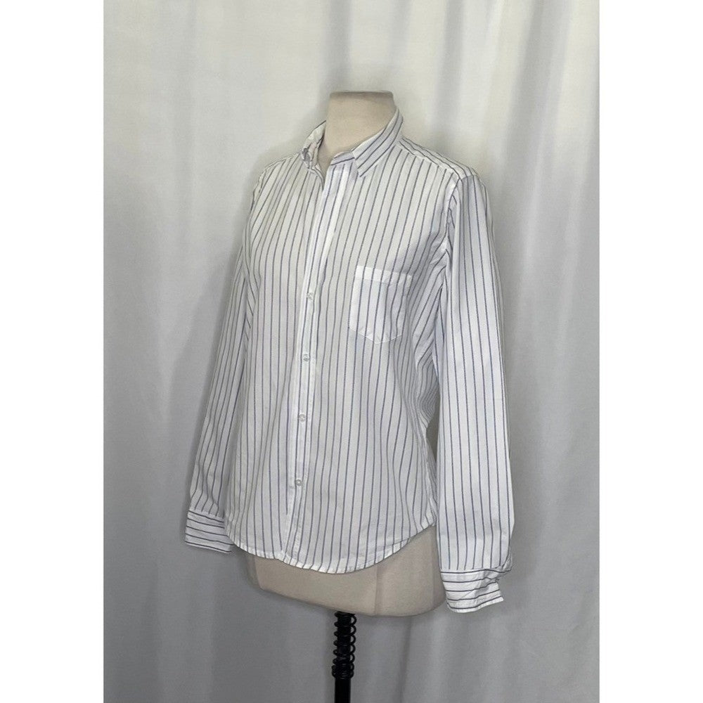 FRANK & EILEEN Crinkle Barry Buttondown Top Blouse White Blue Dotted Small