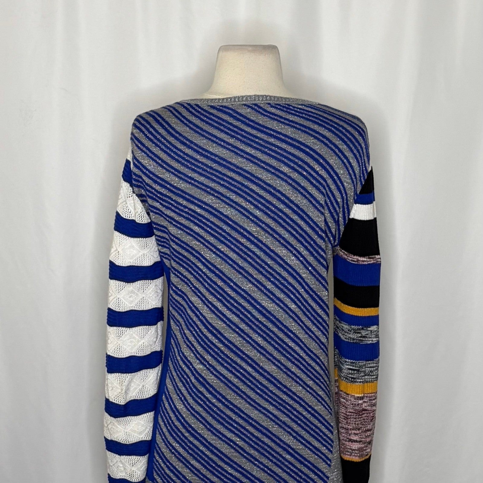 DESIGUAL Nieves V-Neck Pullover Sweater Colorful Stripes Metallic Large
