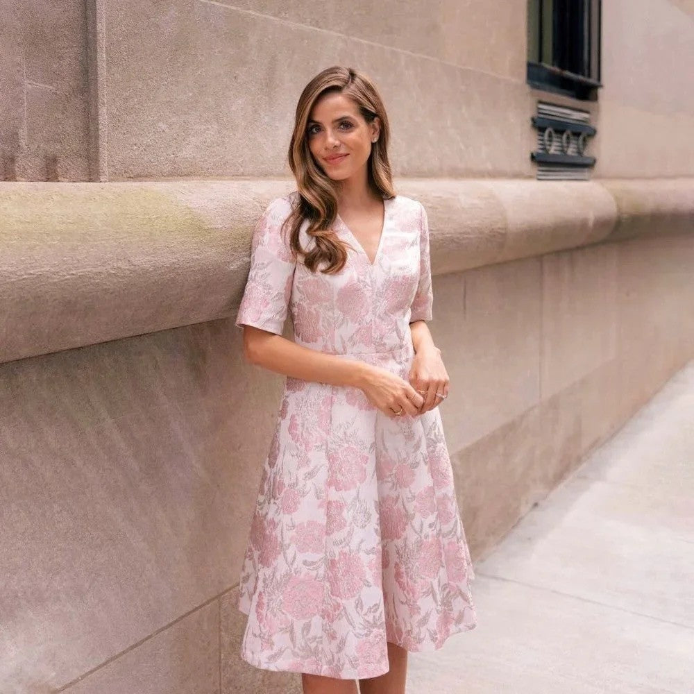 GAL MEETS GLAM Adair Pink Pearl Floral Jacquard Dress Fit N' Flare Pockets 8