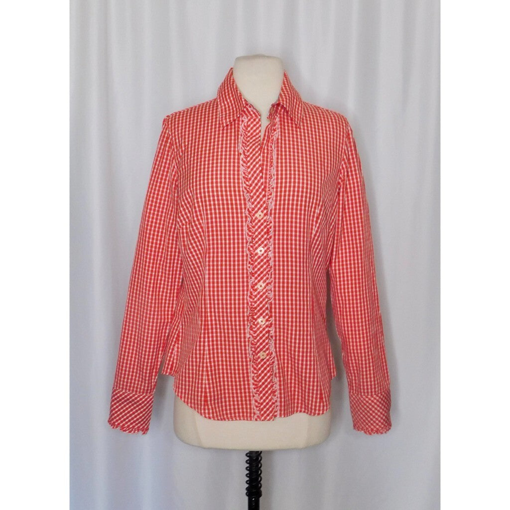 LILLY PULITZER Red White Blue Gingham Plaid Ruffled Buttondown Top Blouse Size 6