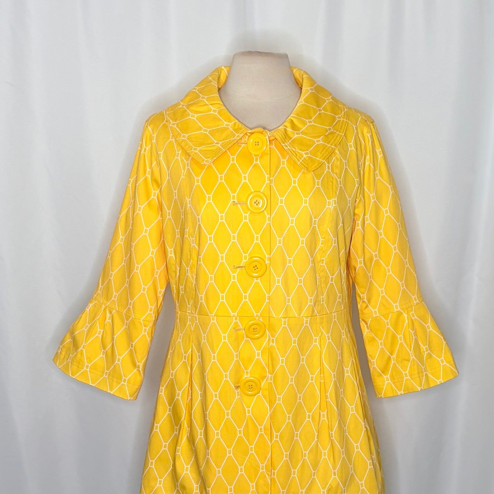 EDEN COURT Yellow White Geometric Print Coat Jacket Bell Sleeves Pockets Large