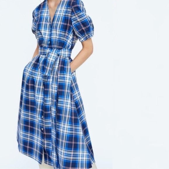 ZARA Blue Plaid Taffeta Dress Belted Tie Waist Midi Buttondown Preppy Small